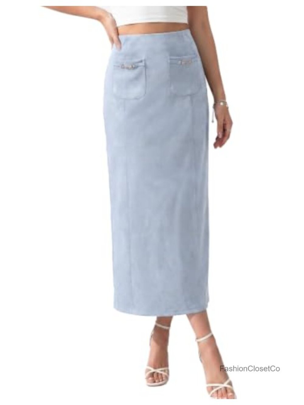 Faux Suede Midi Skirt with Pockets High Waisted A-Line Long